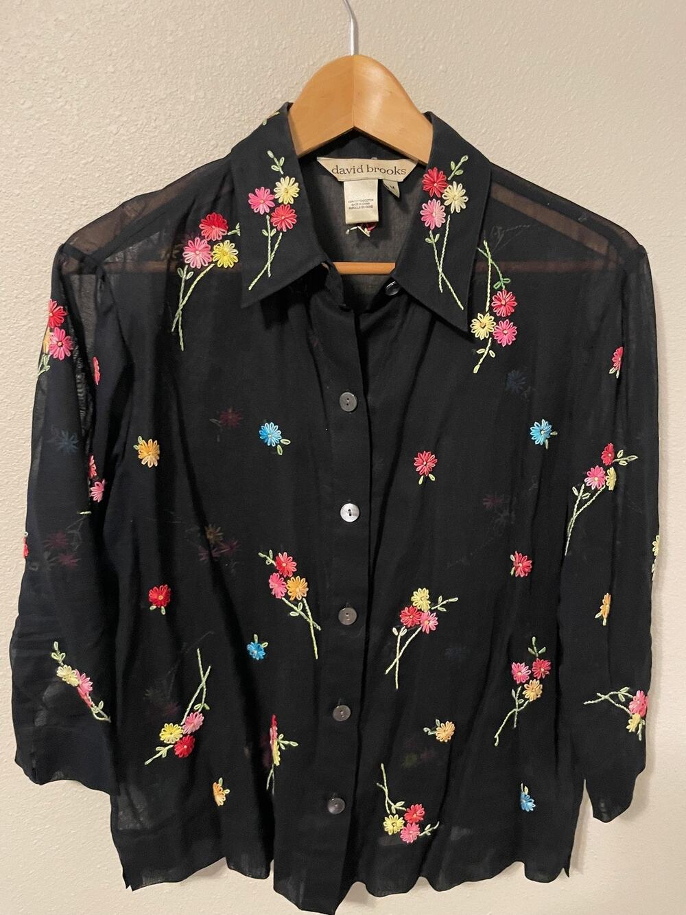 David Brooks Womens Medium Black Floral Embroidered Sheer Button Up Lightweight